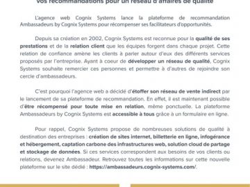 [#Ambassadeurs] Nous sommes ravis de vous présenter notre programme Ambassadeurs !  ? Faites bénéficier vos contacts de prestations Cognix Systems de qualité...